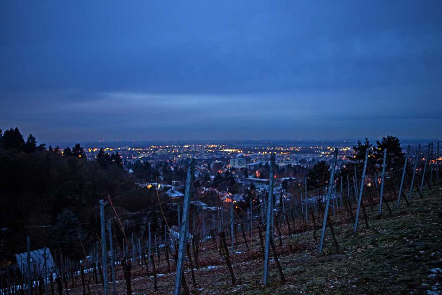 Eisweinlese: Blick über Bensheim-Auerbach an der Bergstraße